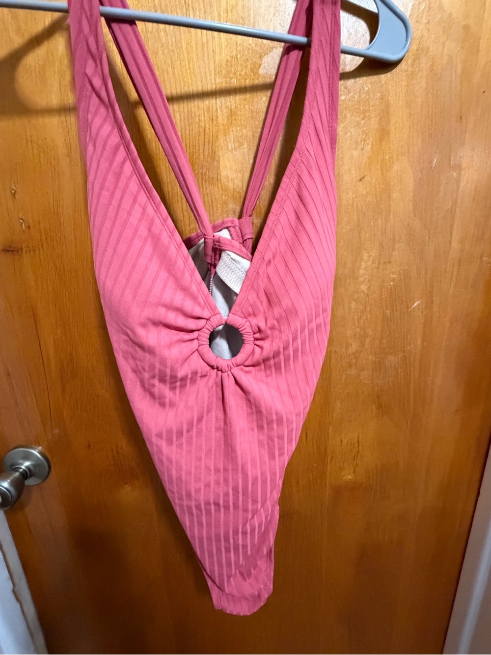Kona Sol Ribbed Pink One-Piece Swimsuit with Front Ring
